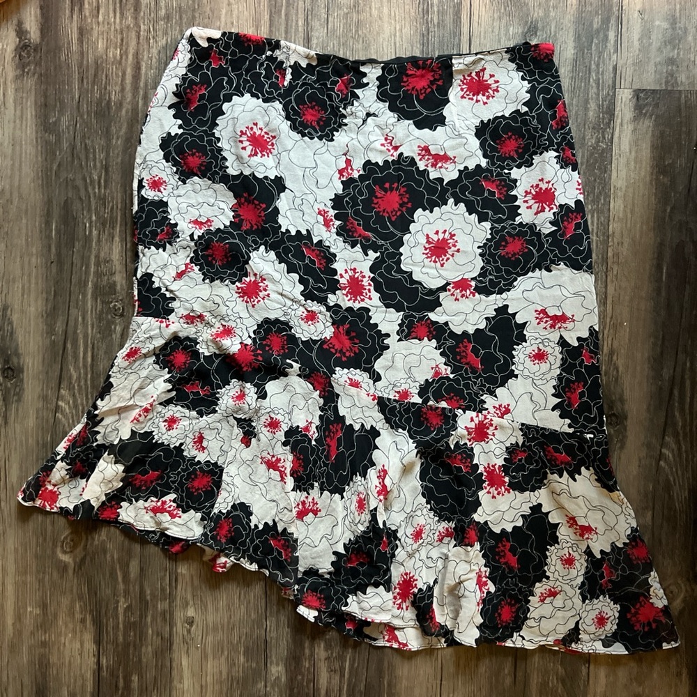 Floral Black, White, and Red Silk Skirt